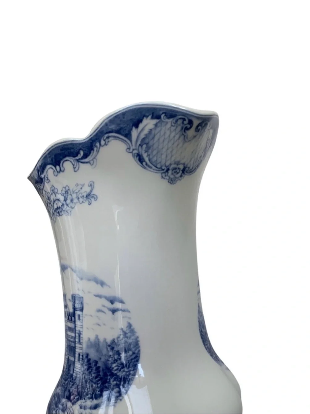 LINDA DANO Vintage Pitcher Vase Blue White Castle Ceramic QVC Cottagecore Rare